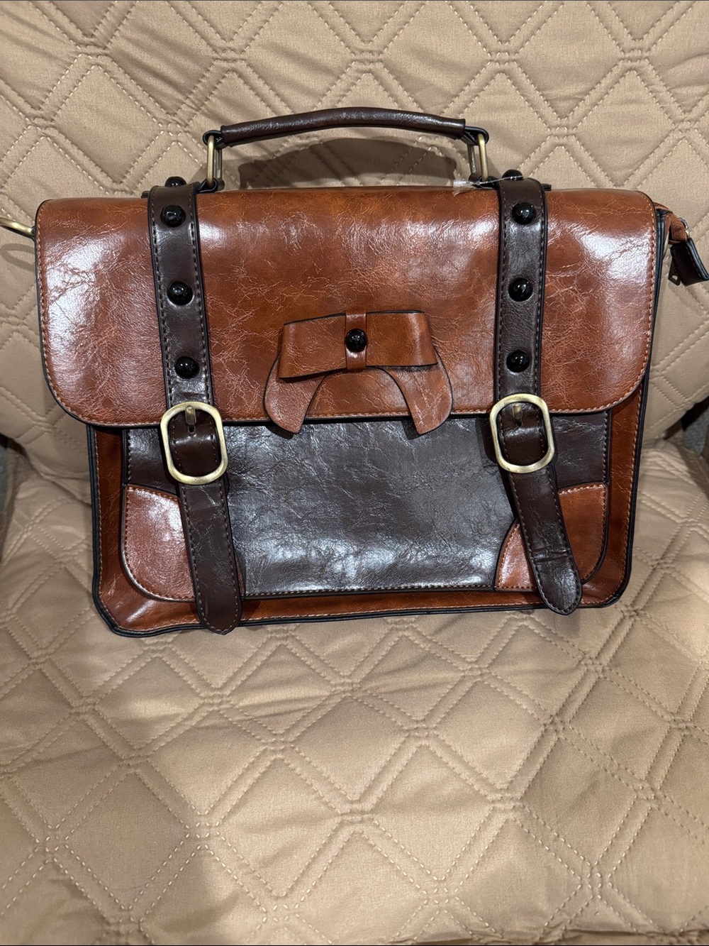 Women's Two-Tone Brown Leather Briefcase Satchel
